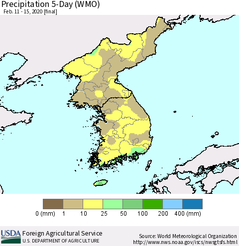 Korea Precipitation 5-Day (WMO) Thematic Map For 2/11/2020 - 2/15/2020
