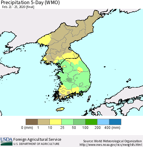 Korea Precipitation 5-Day (WMO) Thematic Map For 2/21/2020 - 2/25/2020