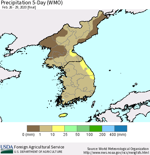 Korea Precipitation 5-Day (WMO) Thematic Map For 2/26/2020 - 2/29/2020