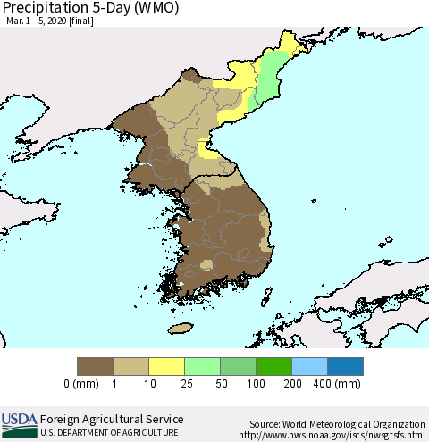 Korea Precipitation 5-Day (WMO) Thematic Map For 3/1/2020 - 3/5/2020