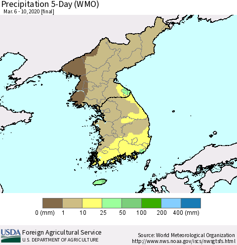 Korea Precipitation 5-Day (WMO) Thematic Map For 3/6/2020 - 3/10/2020