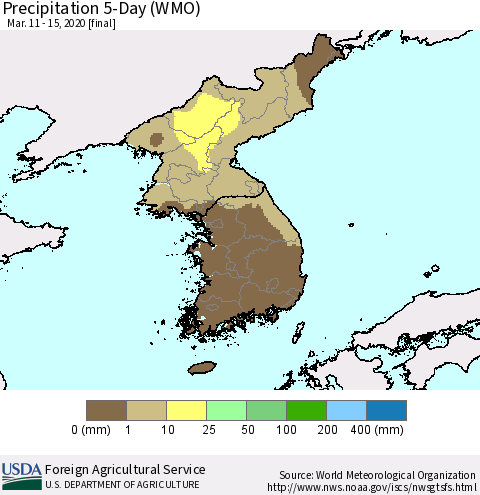 Korea Precipitation 5-Day (WMO) Thematic Map For 3/11/2020 - 3/15/2020