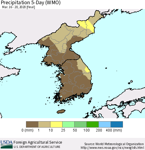 Korea Precipitation 5-Day (WMO) Thematic Map For 3/16/2020 - 3/20/2020