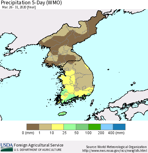 Korea Precipitation 5-Day (WMO) Thematic Map For 3/26/2020 - 3/31/2020