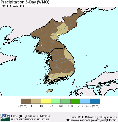 Korea Precipitation 5-Day (WMO) Thematic Map For 4/1/2020 - 4/5/2020