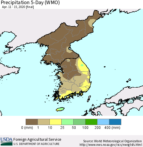 Korea Precipitation 5-Day (WMO) Thematic Map For 4/11/2020 - 4/15/2020