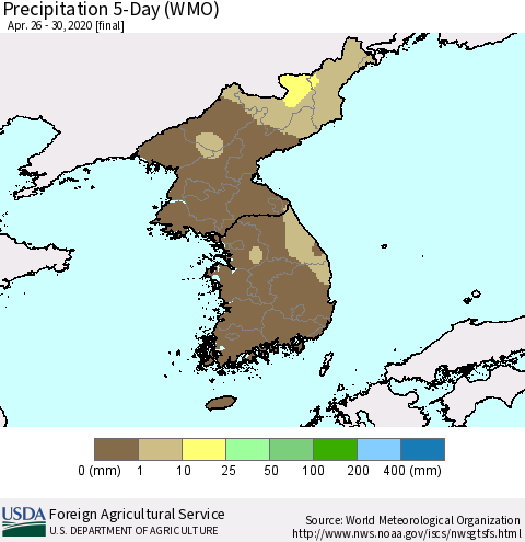 Korea Precipitation 5-Day (WMO) Thematic Map For 4/26/2020 - 4/30/2020