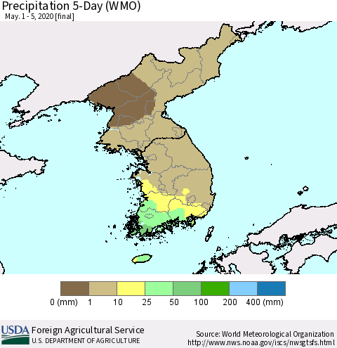 Korea Precipitation 5-Day (WMO) Thematic Map For 5/1/2020 - 5/5/2020