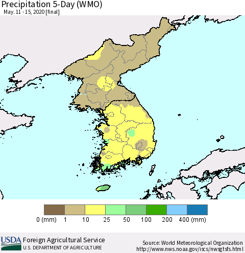 Korea Precipitation 5-Day (WMO) Thematic Map For 5/11/2020 - 5/15/2020