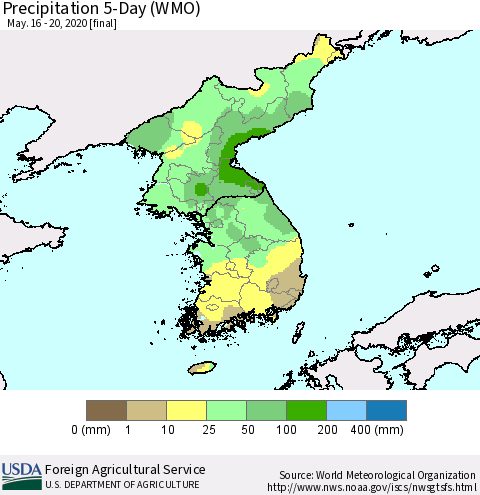 Korea Precipitation 5-Day (WMO) Thematic Map For 5/16/2020 - 5/20/2020
