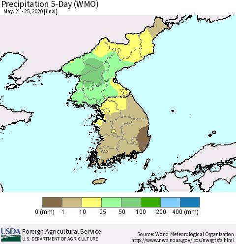 Korea Precipitation 5-Day (WMO) Thematic Map For 5/21/2020 - 5/25/2020