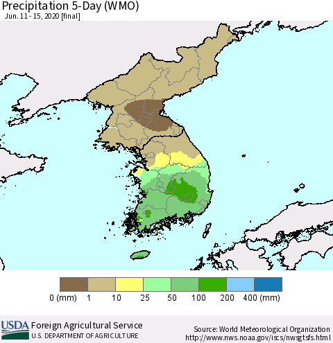 Korea Precipitation 5-Day (WMO) Thematic Map For 6/11/2020 - 6/15/2020