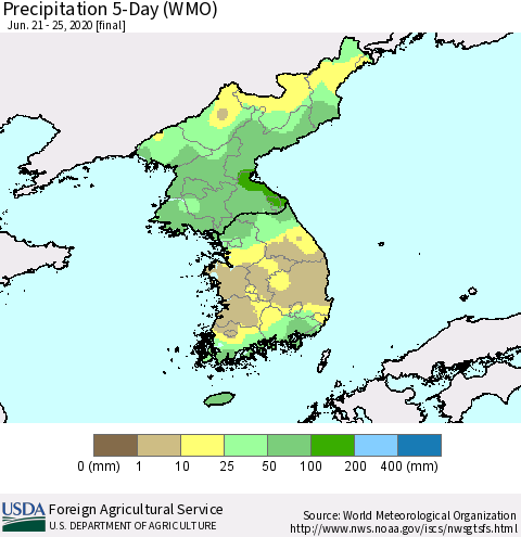 Korea Precipitation 5-Day (WMO) Thematic Map For 6/21/2020 - 6/25/2020