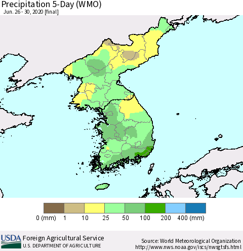 Korea Precipitation 5-Day (WMO) Thematic Map For 6/26/2020 - 6/30/2020