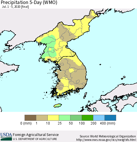 Korea Precipitation 5-Day (WMO) Thematic Map For 7/1/2020 - 7/5/2020