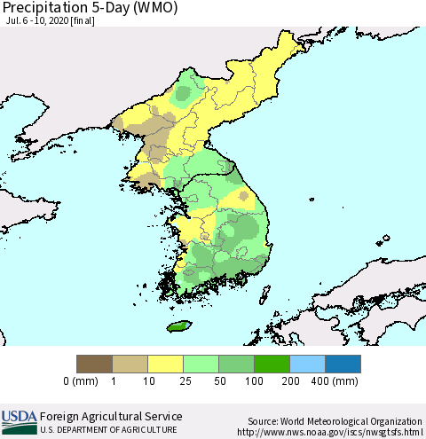 Korea Precipitation 5-Day (WMO) Thematic Map For 7/6/2020 - 7/10/2020