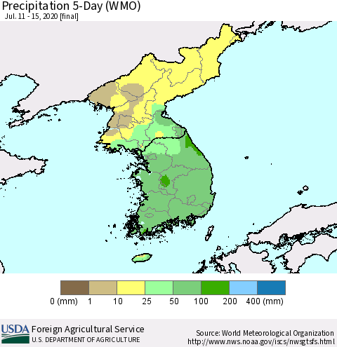 Korea Precipitation 5-Day (WMO) Thematic Map For 7/11/2020 - 7/15/2020