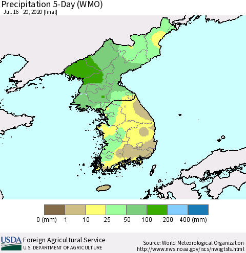 Korea Precipitation 5-Day (WMO) Thematic Map For 7/16/2020 - 7/20/2020