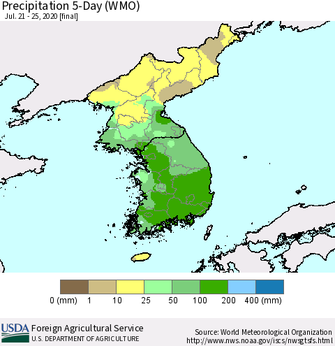 Korea Precipitation 5-Day (WMO) Thematic Map For 7/21/2020 - 7/25/2020