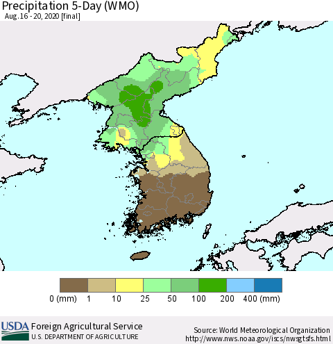 Korea Precipitation 5-Day (WMO) Thematic Map For 8/16/2020 - 8/20/2020
