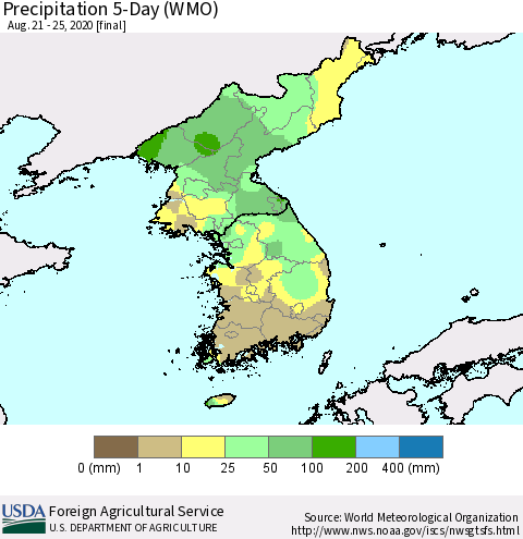 Korea Precipitation 5-Day (WMO) Thematic Map For 8/21/2020 - 8/25/2020