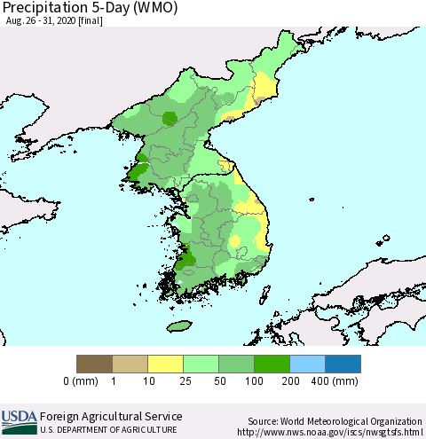Korea Precipitation 5-Day (WMO) Thematic Map For 8/26/2020 - 8/31/2020