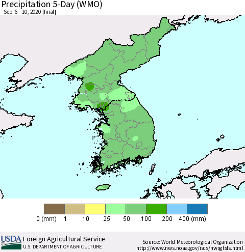 Korea Precipitation 5-Day (WMO) Thematic Map For 9/6/2020 - 9/10/2020