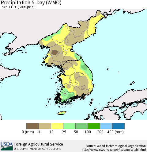 Korea Precipitation 5-Day (WMO) Thematic Map For 9/11/2020 - 9/15/2020