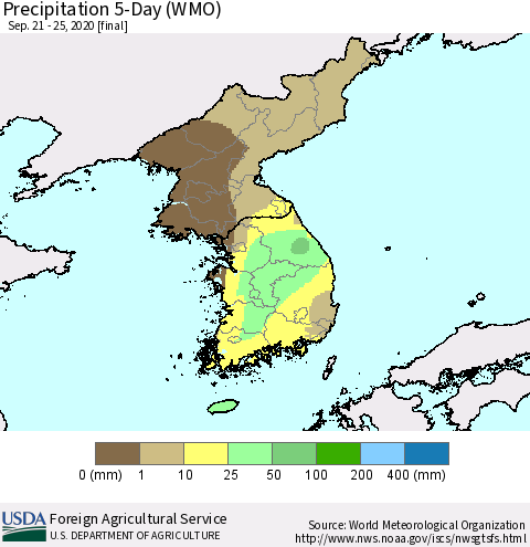Korea Precipitation 5-Day (WMO) Thematic Map For 9/21/2020 - 9/25/2020