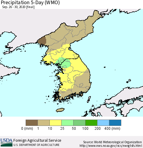 Korea Precipitation 5-Day (WMO) Thematic Map For 9/26/2020 - 9/30/2020