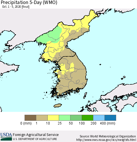 Korea Precipitation 5-Day (WMO) Thematic Map For 10/1/2020 - 10/5/2020