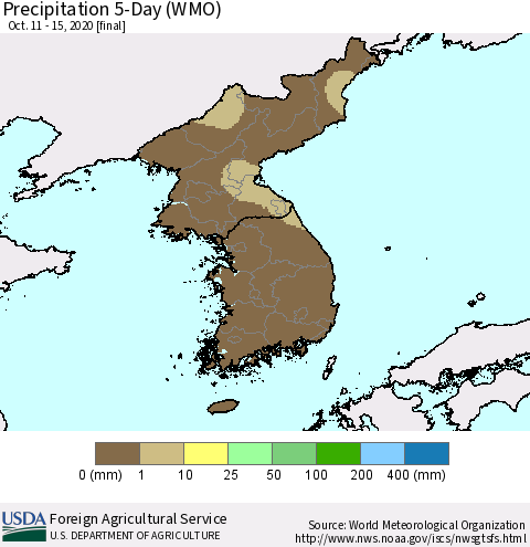 Korea Precipitation 5-Day (WMO) Thematic Map For 10/11/2020 - 10/15/2020