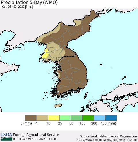 Korea Precipitation 5-Day (WMO) Thematic Map For 10/16/2020 - 10/20/2020