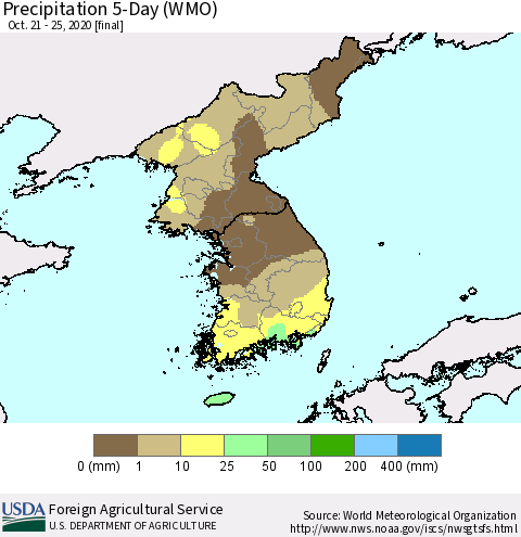 Korea Precipitation 5-Day (WMO) Thematic Map For 10/21/2020 - 10/25/2020
