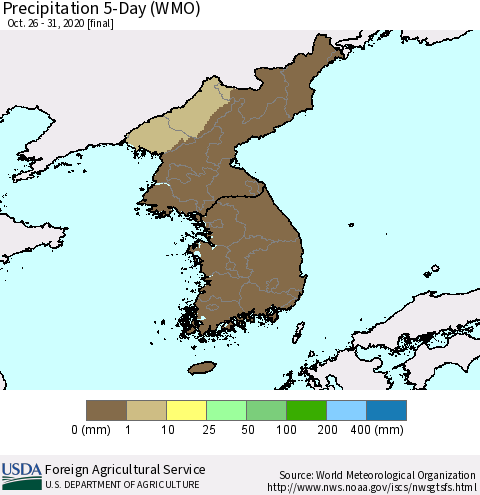 Korea Precipitation 5-Day (WMO) Thematic Map For 10/26/2020 - 10/31/2020