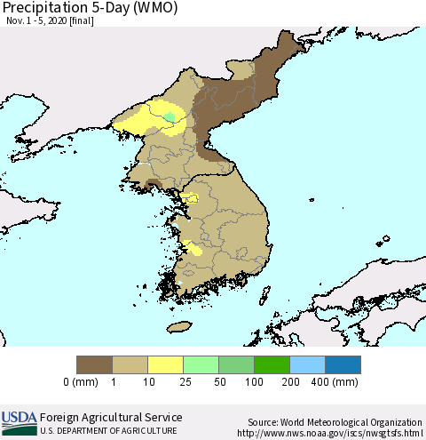 Korea Precipitation 5-Day (WMO) Thematic Map For 11/1/2020 - 11/5/2020