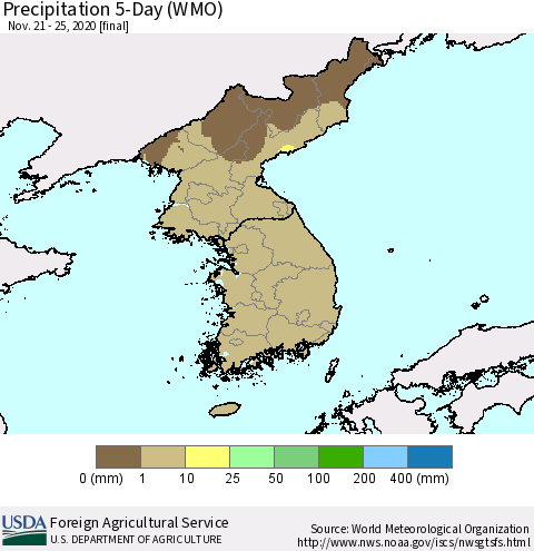 Korea Precipitation 5-Day (WMO) Thematic Map For 11/21/2020 - 11/25/2020