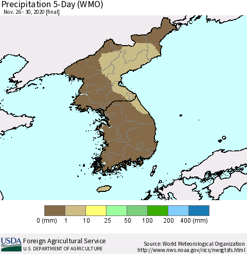 Korea Precipitation 5-Day (WMO) Thematic Map For 11/26/2020 - 11/30/2020