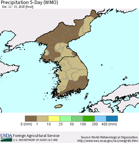 Korea Precipitation 5-Day (WMO) Thematic Map For 12/11/2020 - 12/15/2020
