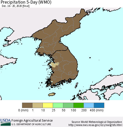 Korea Precipitation 5-Day (WMO) Thematic Map For 12/16/2020 - 12/20/2020