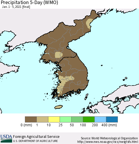 Korea Precipitation 5-Day (WMO) Thematic Map For 1/1/2021 - 1/5/2021