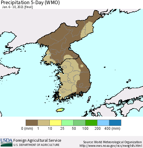 Korea Precipitation 5-Day (WMO) Thematic Map For 1/6/2021 - 1/10/2021
