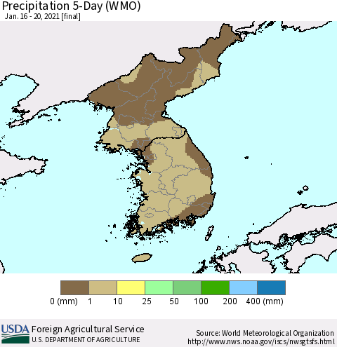 Korea Precipitation 5-Day (WMO) Thematic Map For 1/16/2021 - 1/20/2021