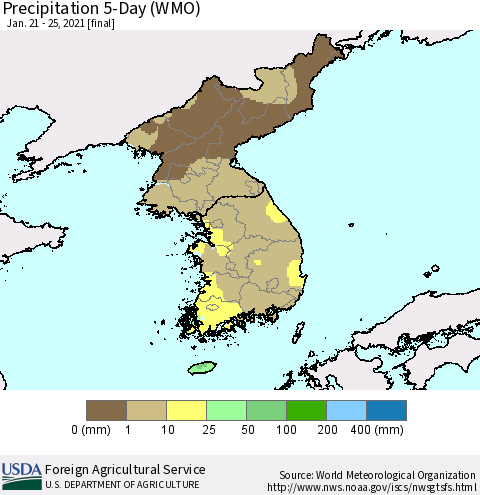 Korea Precipitation 5-Day (WMO) Thematic Map For 1/21/2021 - 1/25/2021
