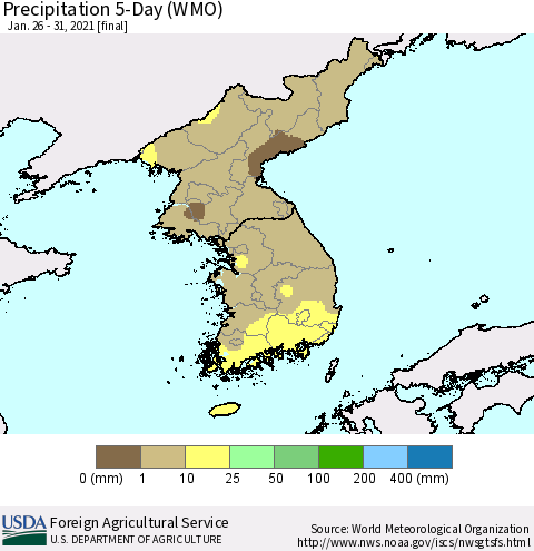 Korea Precipitation 5-Day (WMO) Thematic Map For 1/26/2021 - 1/31/2021