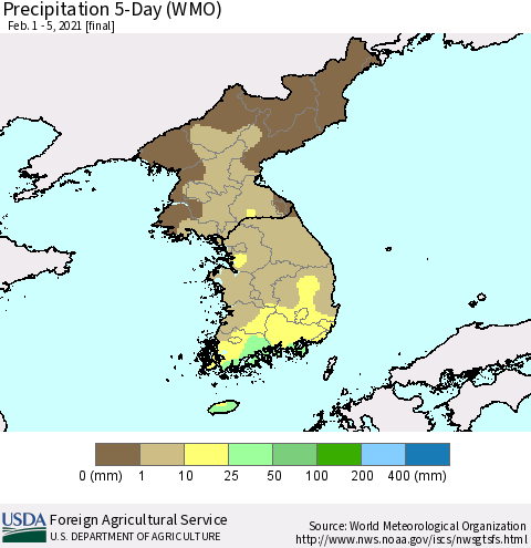 Korea Precipitation 5-Day (WMO) Thematic Map For 2/1/2021 - 2/5/2021