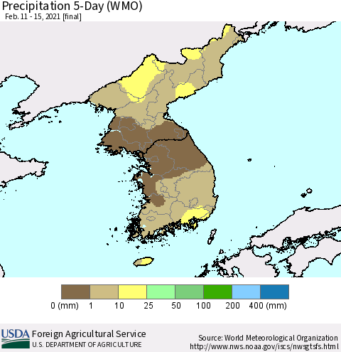 Korea Precipitation 5-Day (WMO) Thematic Map For 2/11/2021 - 2/15/2021