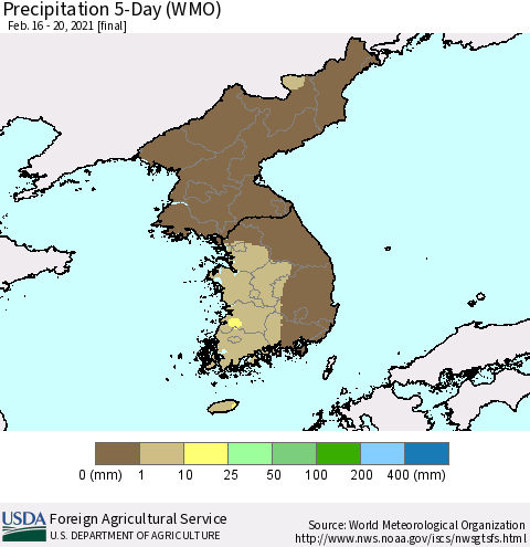 Korea Precipitation 5-Day (WMO) Thematic Map For 2/16/2021 - 2/20/2021