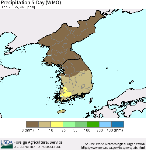 Korea Precipitation 5-Day (WMO) Thematic Map For 2/21/2021 - 2/25/2021