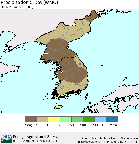 Korea Precipitation 5-Day (WMO) Thematic Map For 2/26/2021 - 2/28/2021